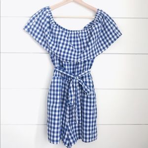 Blue check off the shoulder romper